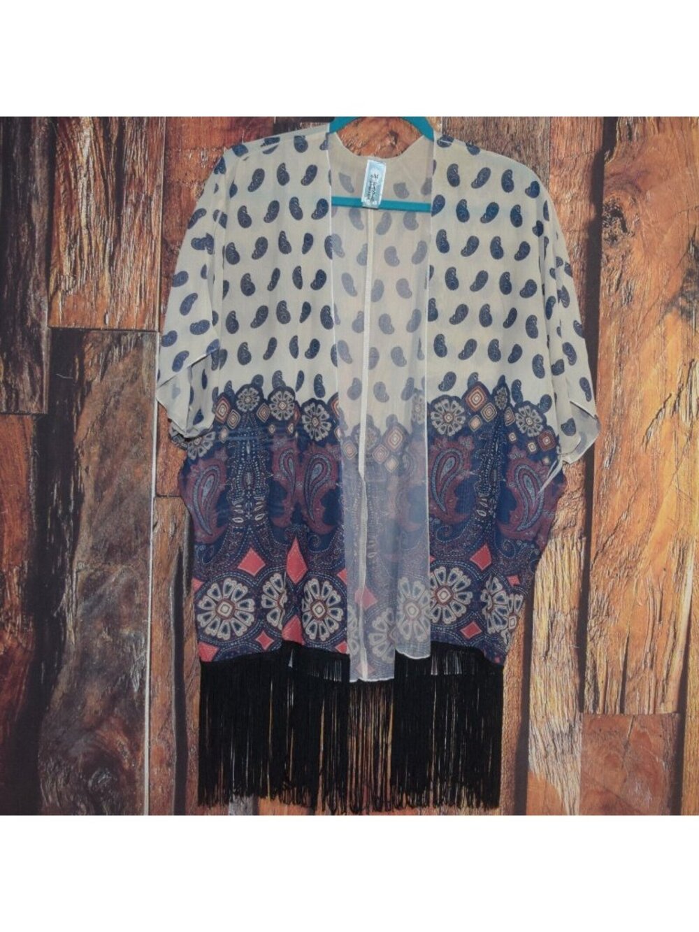 M Fasis By California Blue Women's Sz M Fringed Sheer Kaftan Kimono Cardigan